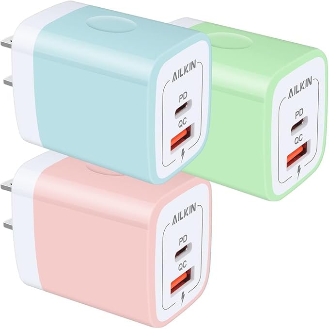 3pack Dual Port USB C Power Adapter, Usbc Pd 3.0 with USB A Qc 3.0 Fast Charging Block for Apple iPhone, Samsung Galaxy, Google Pixel, Moto, Kindle Fire, Ps5, Earbuds, Watches, Wireless Pad Brick Box