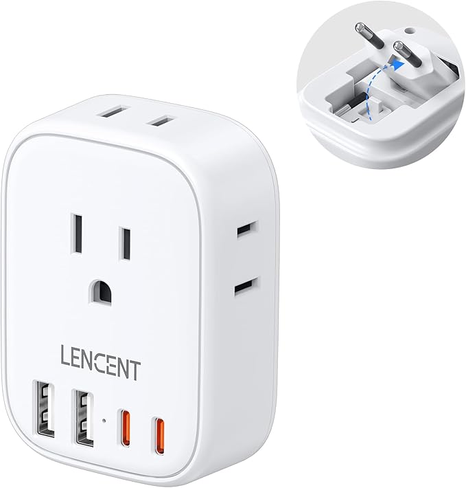 European Travel Plug Adapter, LENCENT US to Europe Type-C Foldable Power Plug with 4 Outlets 4 USB Ports (2 USB C), Power Adaptor for USA to EU Euro Iceland Spain Italy France Germany Greece Portugal