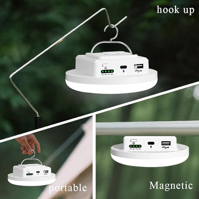 Tent Light 4500 Lumen, Camping Lantern Portable Rechargeable LED, Super Bright Magnetic Hanging Camping Light with 3 Color Modes & Stepless Dimming for Canopy, Tent, Emergency, Home & Travel（White）