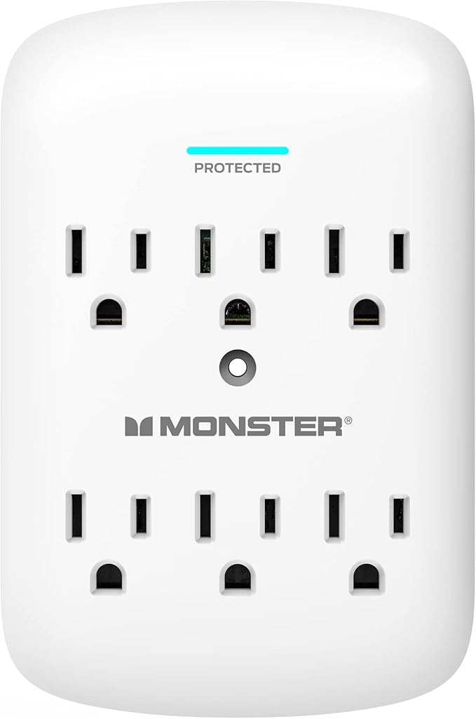 Monster 5000W Surge Protector Power Strip, 6 Outlets, 120V, 300 Joules Surge Protection, Safe, Reliable Outlet Extender, White