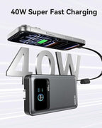 MOKiN 40W Fast Charging Portable Charger for Samsung iPhone Android, 10000mAh 3-in-1 Power Bank with Wall Plug, Built-in USB-C Cable, LCD Display, Travel Battery Pack for iPhone 17/16/15 Series