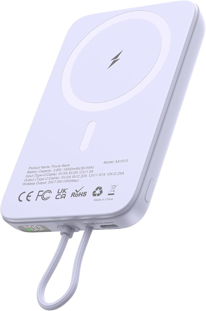 AsperX Magnetic Power Bank, 10000mAh Magnetic Portable Charger with USB-C Cable and Smart LCD Display, Magnetic Battery Pack Compatible with iPhone 17/16/15/14/13/12 Series, Purple