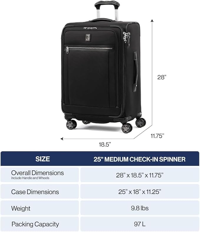 Travelpro Platinum Elite Softside Expandable Checked Luggage, 8 Wheel Spinner Suitcase, TSA Lock, Men and Women, Dark Blue, Checked Medium 25-Inch