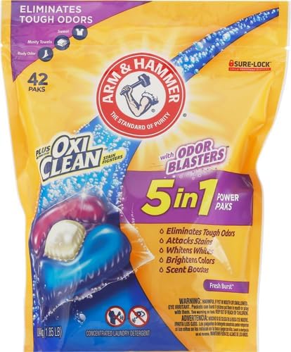 Arm & Hammer Plus OxiClean With Odor Blasters Laundry Detergent 5-IN-1 Power Paks, 42CT (Packaging may vary) (Pack of 2)