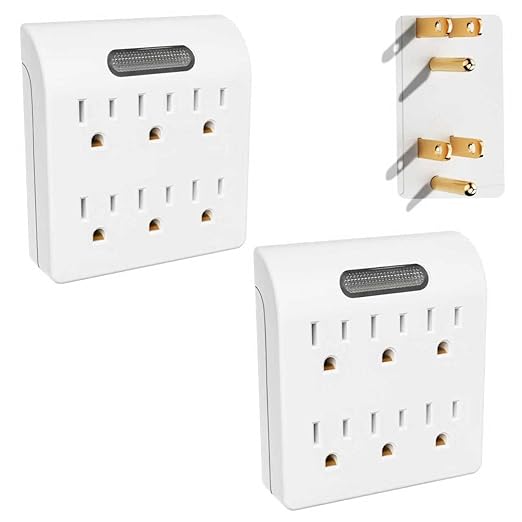 6-Outlet Extender 2 Pack, 3-Prong Grounded Wall Tap Adapter with LED Guide Light, 1875W Multiple Plug Electrical Outlets Splitter for Home, Office, Hotel, Travel, ETL Listed, Cruise Essentials, White