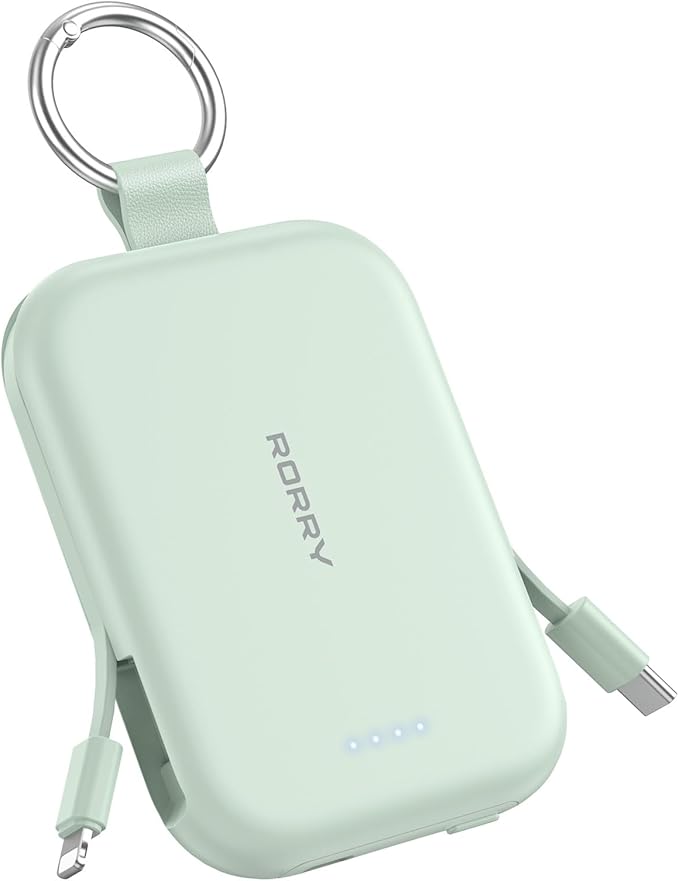 RORRY CharmGo Portable Charger, 5000mAh Portable Charger Power Bank with Built-in Cables, Travel Keychain Charger Battery Pack for iPhone 17/16/15/14/13/12, for AirPods 2/3/4/Pro, Green