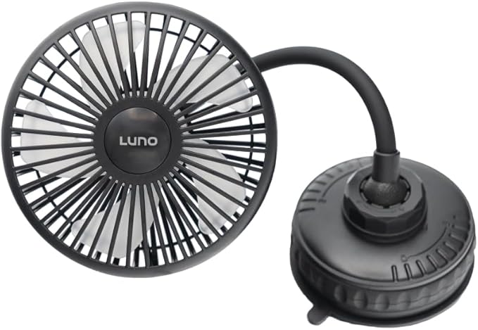 Luno Car Camping Fan - Suction Cup Fan for Car | USB-C Powered with 3 Speeds, Flexible Arm, 5 Blades, 360° Airflow & Headrest Mount - Compact Cooling Solution for Camping & Road Trips
