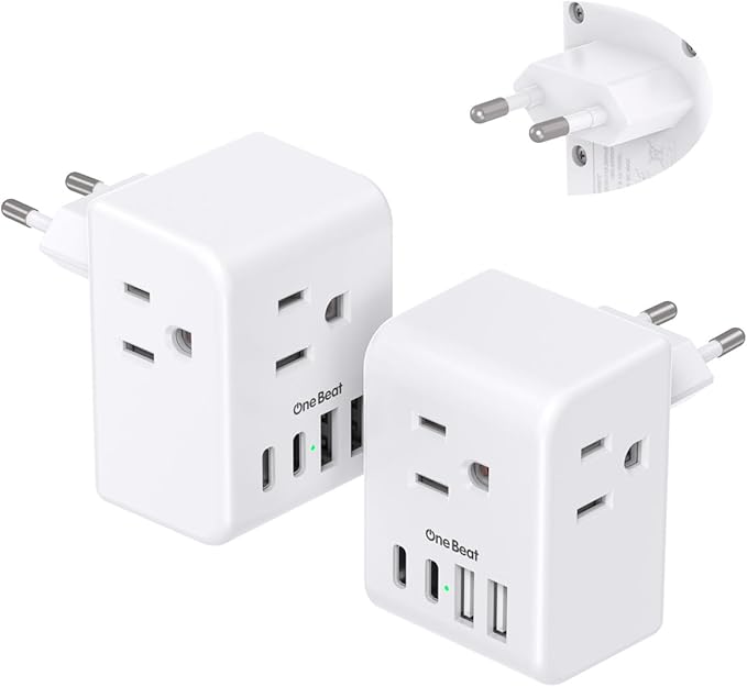 2 Pack European Travel Plug Adapter, International Power Plug Adapter with 3 Outlets 4 USB Charging Ports(2 USB C), Type C Plug Adapter Travel Essentials to Most Europe EU Spain Italy France Germany