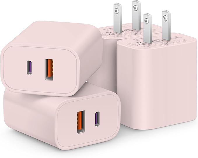 [4 Pack] USB C Charger Block Fast Charging Multiport Adpater [PD 20W USB-C & QC 3.0 USB-A Port] for i Phone 17/16/15/14/13/12/11/X/8, i Pad, Galaxy, Google, Galaxy & More [Pink]
