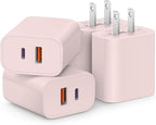 [4 Pack] USB C Charger Block Fast Charging Multiport Adpater [PD 20W USB-C & QC 3.0 USB-A Port] for i Phone 17/16/15/14/13/12/11/X/8, i Pad, Galaxy, Google, Galaxy & More [Pink]