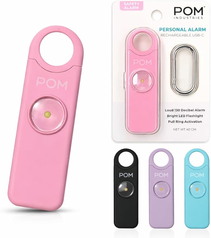 POM Personal Safety Alarm for Women – 130dB Loud Emergency Siren, USB-C Rechargeable with Bright LED Flashlight, Portable Keychain Design for Self Defense, Purse, Backpack & Travel (Pink)