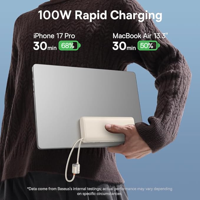 Baseus Portable Charger with Built in Cable, 100W Laptop Power Bank 20000mAh Bundle with PICOGO 67W USB C Charger, Smallest 3 Port Fast Charging Block with Foldable Plug