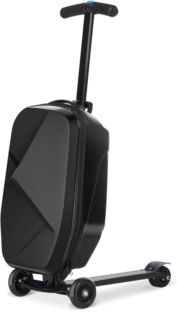 smilesun Scooter Luggage For Kids & Adults， Hardside Ride On Suitcase For Kids Ages 4-15 Multifunctional Lightweight Foldable Carry On Luggage With Wheels Ride On For Children Teenagers（Coal Black）