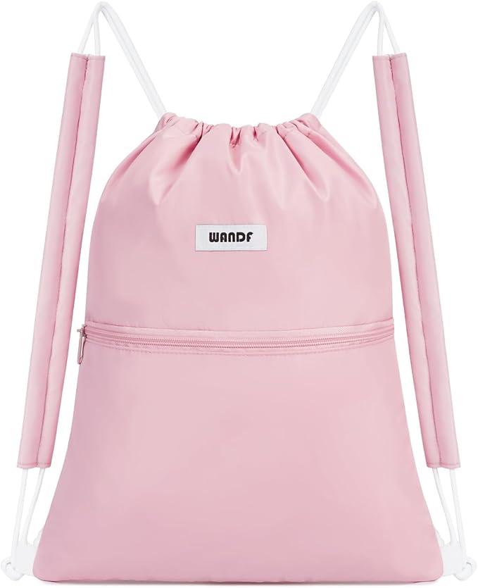 WANDF Drawstring Backpack Sports Gym Bag with Shoulder Pads Water Resistant String Bag Cinch Bag for Women Men (Pink)