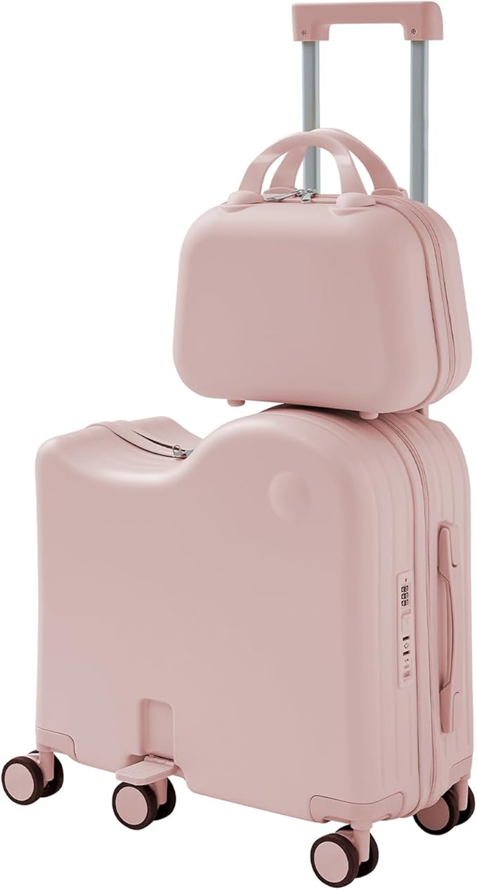 TABU Ride-on Luggage with Portable Bag for Kids，Hardshell Carry On Suitcase with Hidden Cup Holder, Foldable Pedal,Type-C & USB Interface, TSA Lock, 6-Spinner Wheels, Pink