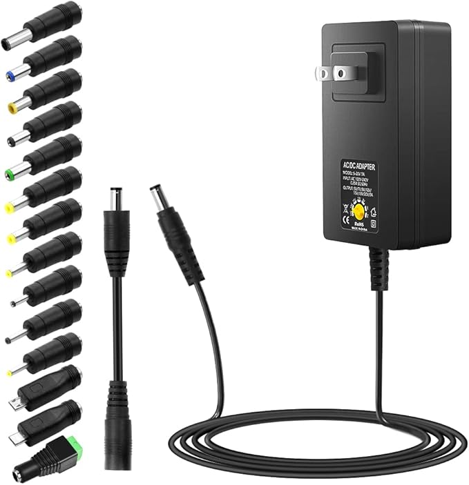 SHNITPWR Universal Power Supply Adjustable 5V~20V 60W AC Adapter 5V 7V 9V 12V 15V 19V 20V Multi-Voltage AC Power Adapter 100V-240V AC to DC Converter with 14 Tips Reverse Polarity
