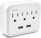 USB Wall Charger Socket Extender - Featuring 2 USB Charging Ports, 3 Outlet Plugs, Socket Adapter, Compact Travel Plug Extension, White