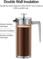 VIA CREMA French Press Coffee Maker, Stainless Steel with Glass Carafe, 1000ml/34oz or 800ml/27oz Capacity