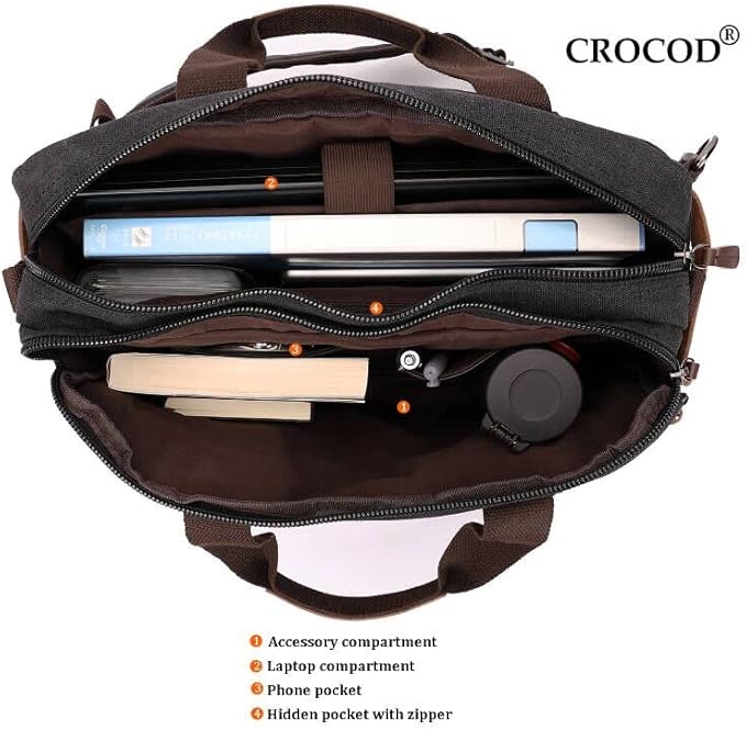 CROCOD 3 In 1 Canvas Convertible Laptop Bag for Men Women, 17.3 inch Laptop Messenger Bag Work Briefcase, Computer Shoulder Bag for Travel Business Office (17.3 Inch, Black) | 3 In 1, Multi-pocket