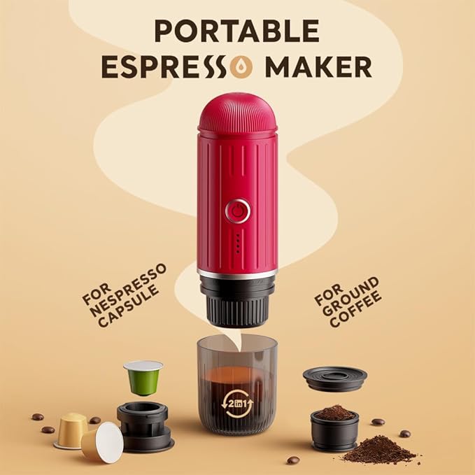 Portable Electric Espresso Machine, Travel Coffee Maker for Camping, On the Go Car Coffee Maker Self-Heating with USB-C, With Ground Coffee & N Espresso Capsule for RV/Hiking/Office, Red