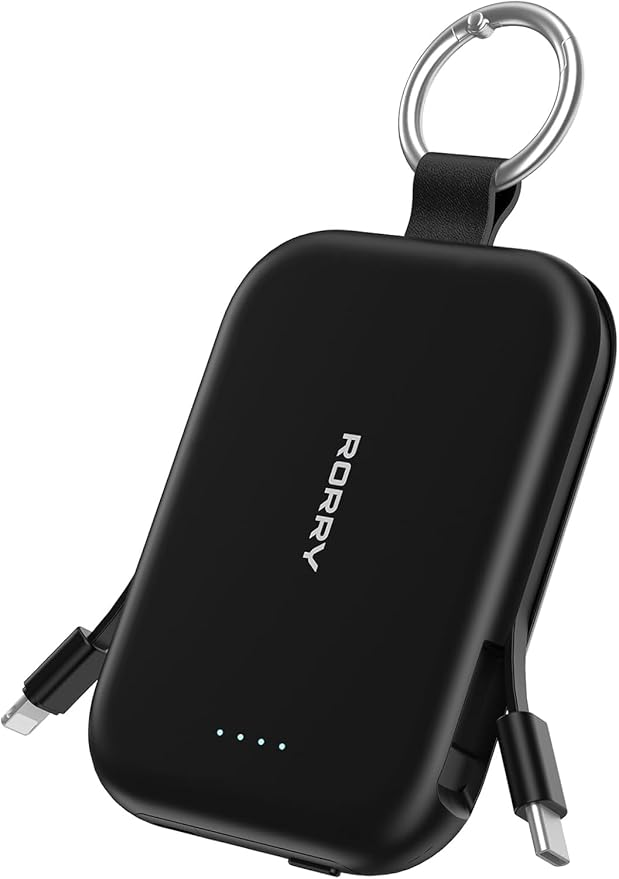RORRY CharmGo Portable Charger, 5000mAh Portable Charger Power Bank with Built-in Cables, Travel Keychain Charger Battery Pack for iPhone 17/16/15/14/13/12, for AirPods 2/3/4/Pro, Black