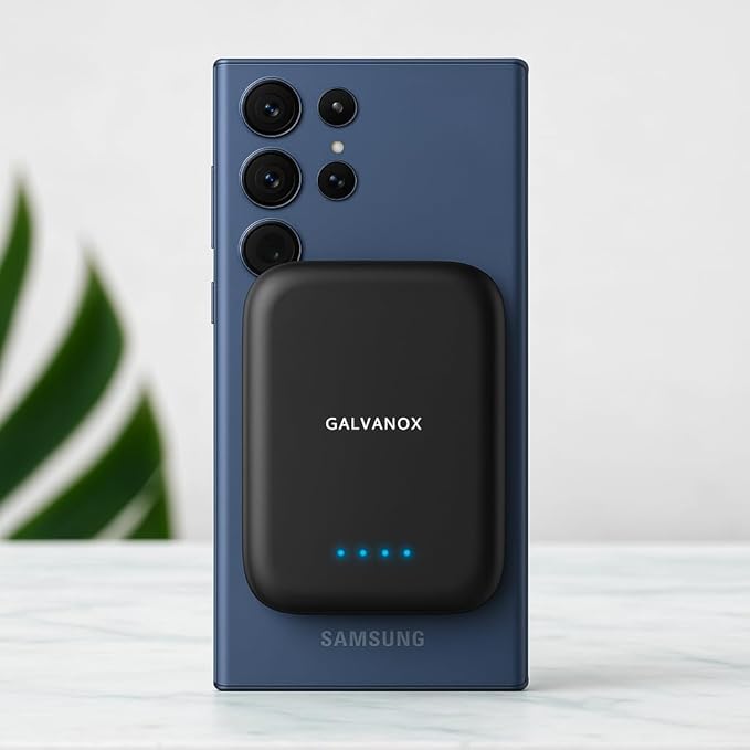GALVANOX Magnetic Power Bank for Samsung Phones (15W) Wireless Charging Battery Pack for Android, Galaxy S24 S25 Plus, Ultra (Compatible with MagSafe Case Required) 5000mAh Portable Charger, Black