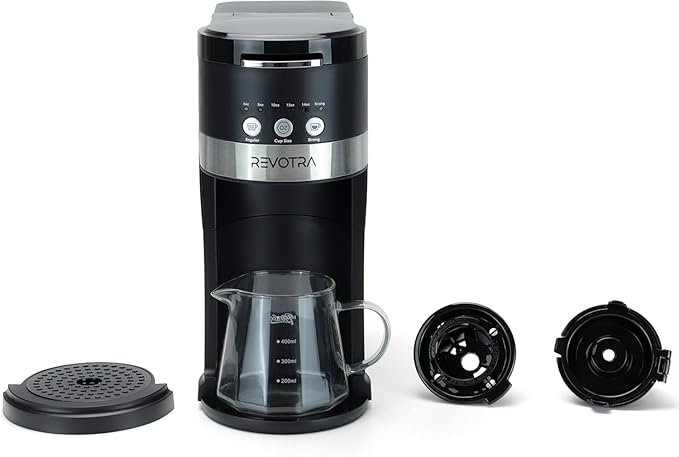 REVOTRA Single Serve Coffee Maker for Pods & Ground Coffee, 6 to 14oz Brew Sizes, Strong Brew Option, Fast Brewing, Compact Design with Removable 40oz Reservoir, Travel Mug Friendly