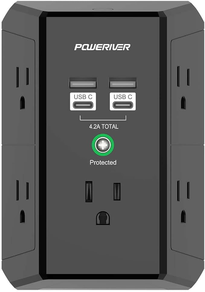 Multi Outlet Extender Surge Protector - POWERIVER Multi Plug Wall Outlet with 5 AC Outlets and 4 USB Ports(2USB C), 1680 Joules, Outlet Splitter for Home School Office, ETL, Black
