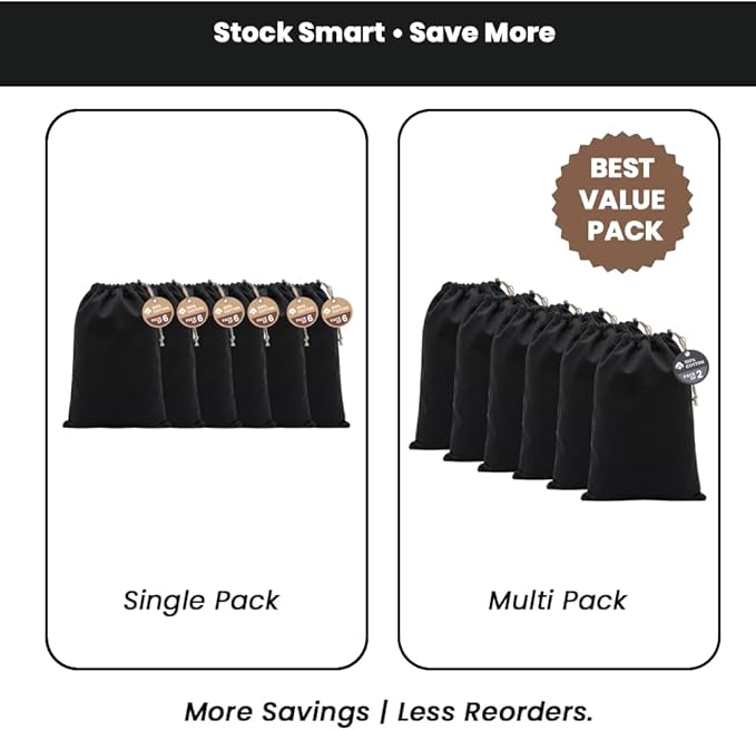 LFH Cotton Rich Shoe Storage Bags with Drawstring, Dustproof Breathable Reusable Organizer, Perfect For Travel, Dorm, Hotel, College, Gym, Machine Washable 8"x17" (Pack of 6) - Black sand