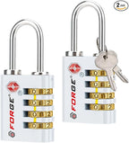 Forge Dual-Opening: Key or Combination Access Lock, TSA Approved Locks for Luggage, Pelican case, Travel, Gym, School, Stainless Steel Shackle. (White, 2 Pk)
