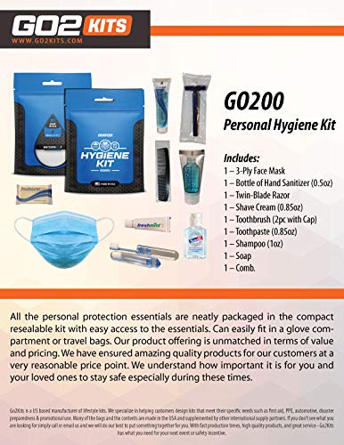 Ultimate Travel Toiletry & PPE Kits, Hygiene Kit with Shaving Supplies & PPE for Travel, Business & Charity with Reusable Toothbrush, Bath Soap & Other Essential Toiletries, 1-Pack (GO200)