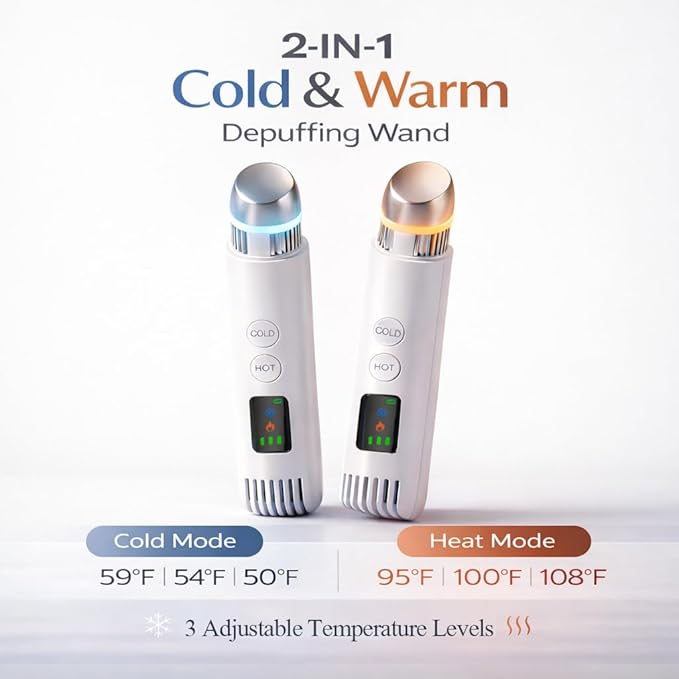 2-in-1 Cold & Warm Depuffing Wand for Face & Eyes,Adjustable Temperature Facial Massager with Cooling & Gentle Heat,Portable Skincare Tool for Puffiness, Dark Circles & Radiant-Looking Skin