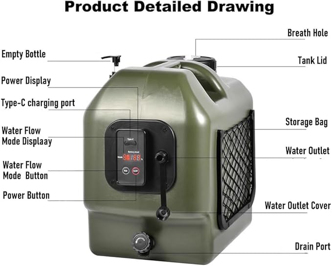 Portable Camp Shower 5-Gallon 2/5/8 Hours Battery Life Cordless Electric Rechargeable Food-Grade Water Tank for Camping Pressure Washer for Garden & Pet Cleaning