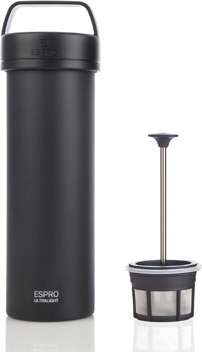 ESPRO Go P0 Ultralight French Press Coffee Maker for Travel, Vacuum Insulated Stainless Steel, 16 Ounces, Matte Meteorite Black