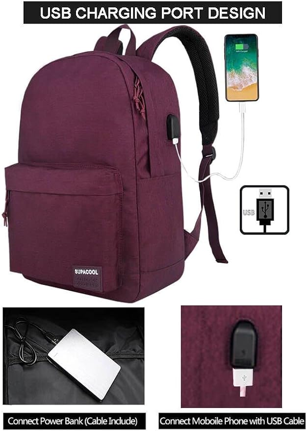 SUPACOOL Casual Laptop Backpack for Men and Women, Backpack for College, USB Charging Port, Lightweight Pack Back(Burgundy Red)