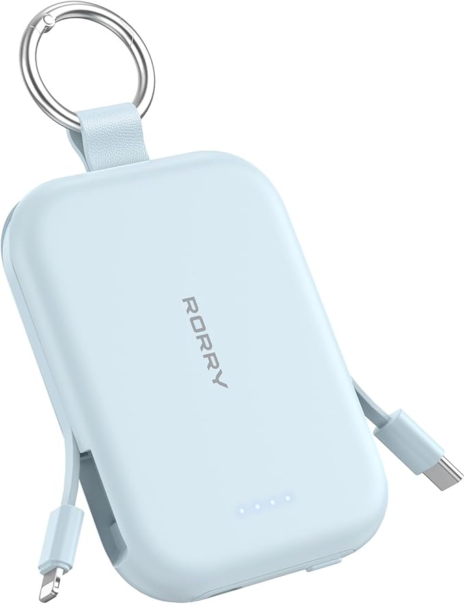 RORRY CharmGo Portable Charger, 5000mAh Portable Charger Power Bank with Built-in Cables, Travel Keychain Charger Battery Pack for iPhone 17/16/15/14/13/12, for AirPods 2/3/4/Pro, Blue