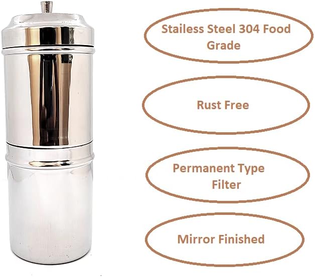 KERAM south indian coffee drip maker-permanent/reusable phin filter for 3-4 serving cup 6.6 Oz(200 ml) made of steel ss304 food grade camping/travelling small decoction dripper maker