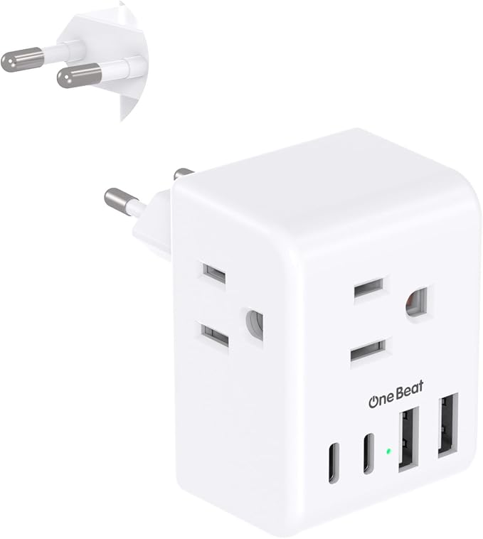 European Travel Plug Adapter, International Power Adapter with 3 Outlets 4 USB Charging Ports(2 USB C), Type C Plug Adapter Travel Essentials to Most Europe EU Spain Italy France Germany, 1 Pack