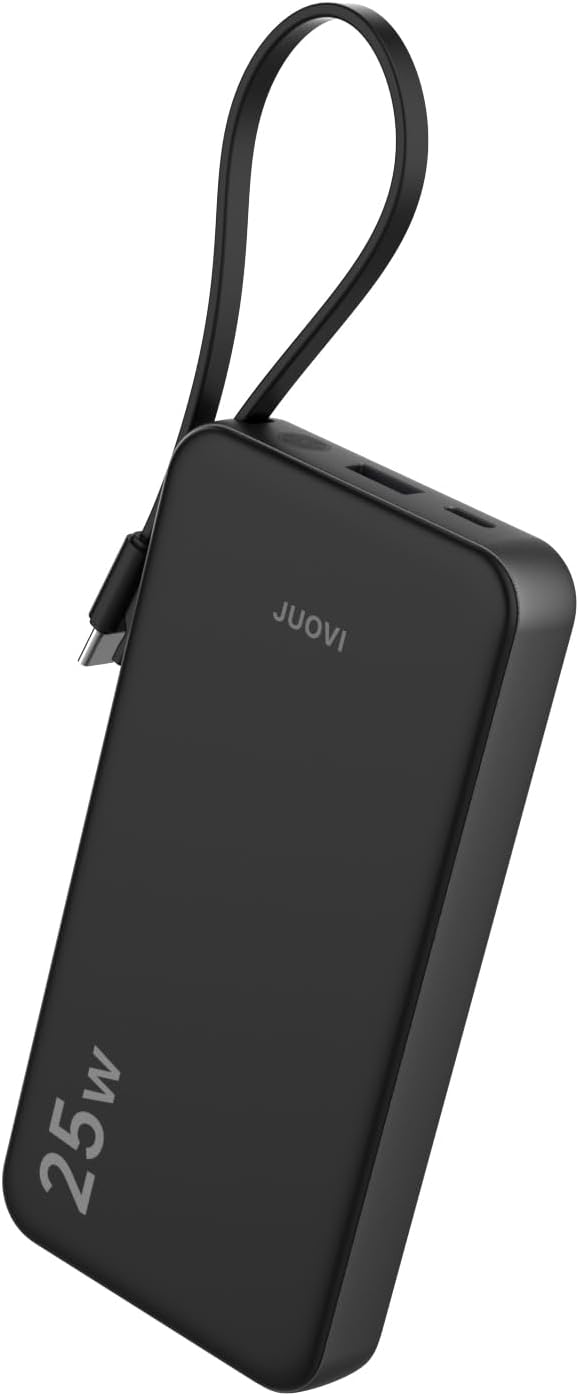 JUOVI 25w Portable Charger 10000mAh Power Bank with Built-in USB C Cable, Battery Pack Charger Portable LED Display Tavel Essential Phone Charger Compatible with iPhone 17/16/15 Series, Samsung, iPad