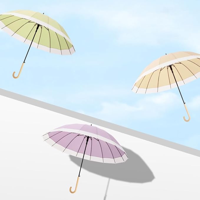 ThreeH Big Beatiful Umbrella with Arc Classic Wood Handle 16 Ribs 48" Windproof Sturdy Stick Rain Umbrella