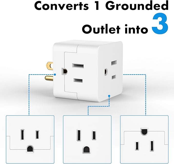 POWERCORDS 3 Power Blocks Outlet Splitter,Grounded Wall Tap, 3-Prong Plug Adapter AC Multi Plug Wall Outlet, Power Splitter, Cruise Essentials, for Home Office School Dorm, UL Listed,Assorted Color
