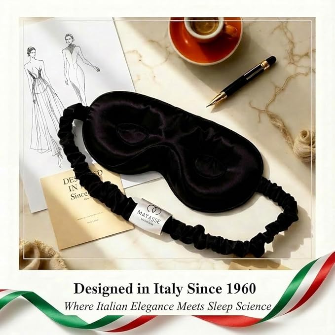 MATASSE 100% Mulberry Silk Sleep Mask 22 Momme Grade 6A - 3D Contoured Eye Mask for Sleeping, 14mm Deep Eye Cups, Total Blackout Blindfold for Women Men, Adjustable Strap, Side Sleeper (Black)