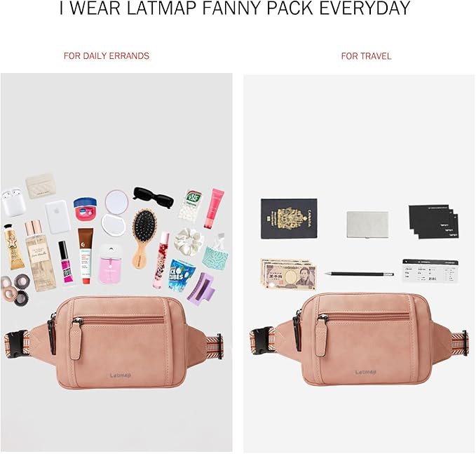 LATMAP 3L TRIPLE ZIP Fanny Packs Belt Bag For Women Men Crossbody Waist Pack Sling Chest Bum Travel Bag Purse Faux Leather Fashion Cute Light Pink