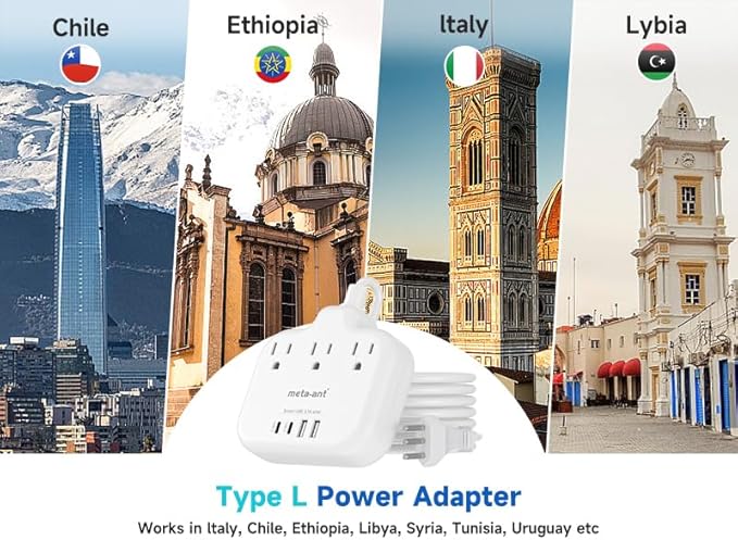 Italy Travel Plug Adapter with 3FT Extension Cord, meta-ant Italy Power Adapter with 3 American Outlets 4 USB Ports(2 USB-C), Type L Adapter for US to Italy Chile Ethiopia Libya Syria Tunisia Uruguay