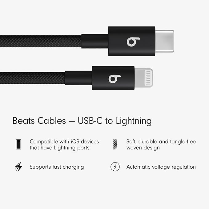 Beats USB-C to Lightning Woven Cable Fast Charging Durable/Tangle-Free Compatible Charger for Apple Devices w Lightning Ports (1.5 m, 5 ft) - Bolt Black