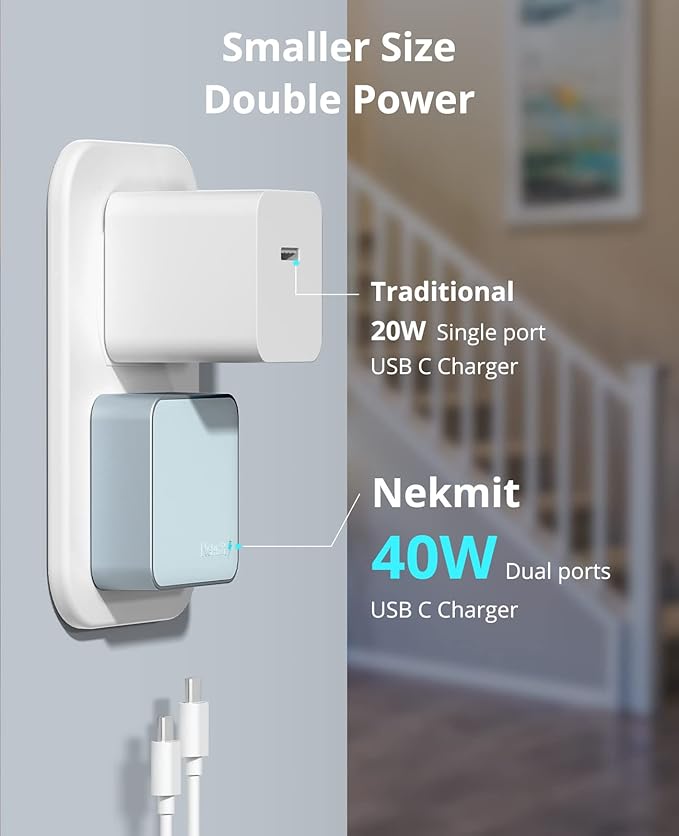 Nekmit Dual Port USB C Wall Charger, 40W PD Fast Charging USB C Wall Plug Adapter, Flat Thin Slim Charger Block for iPhone 17/17 Pro/17 Pro Max, Galaxy, MacBook Air, iPad, AirPods and More
