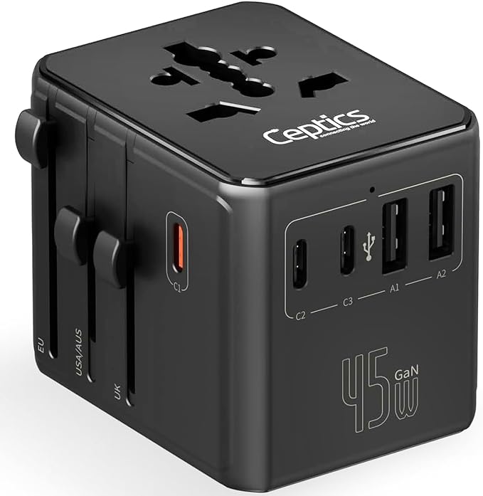 Ceptics 8 in 1 Universal Travel Adapter for EU, UK, US, AU and More, World Travel Adapter, 2X US Socket, Universal Socket, 3X USB-C and 2X USB-A, 45W Fast Charge – UP-45KU-BL