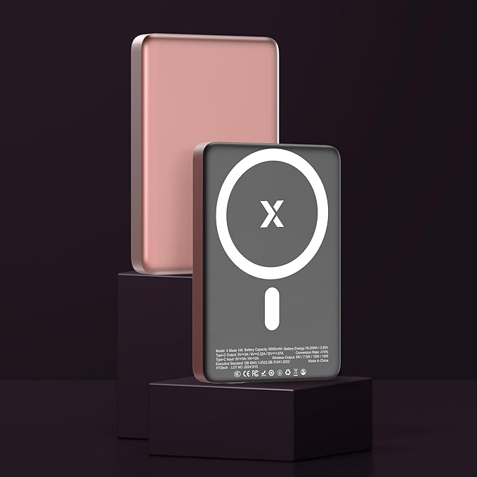 X Blade 10K Slim Magnetic Power Bank - 10000 mAh – MagSafe Portable Charger for iPhone and Samsung, Wireless Fast Charging USB-C PD 20W, Ultra Thin Metal Design, Rose Gold