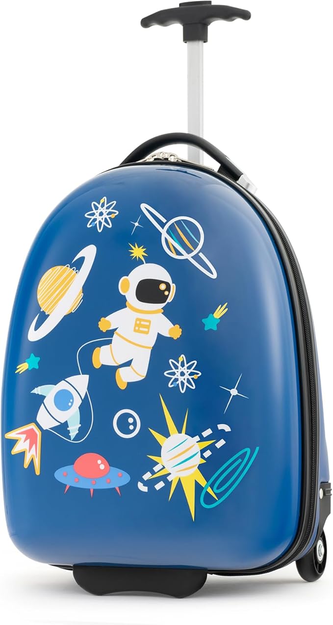 Goplus Kids Luggage, 16’’ Carry On Suitcase with Wheels, Waterproof Hard Shell, Lightweight Rolling Luggage for Travel, Birthday Gifts for Toddlers, Children, Boys, Girls (Blue-Astronaut)