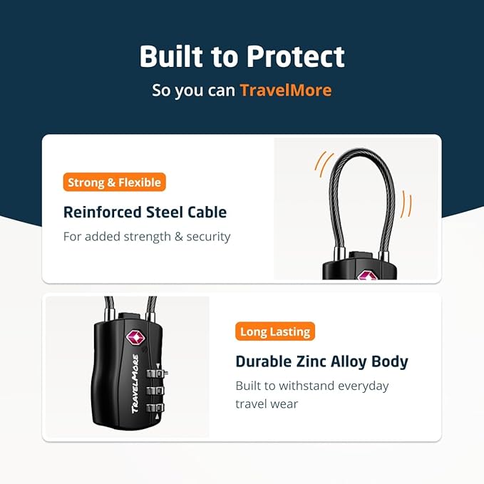 2 Pack TSA Approved Travel Combination Cable Luggage Locks for Suitcases & Backpacks - Black